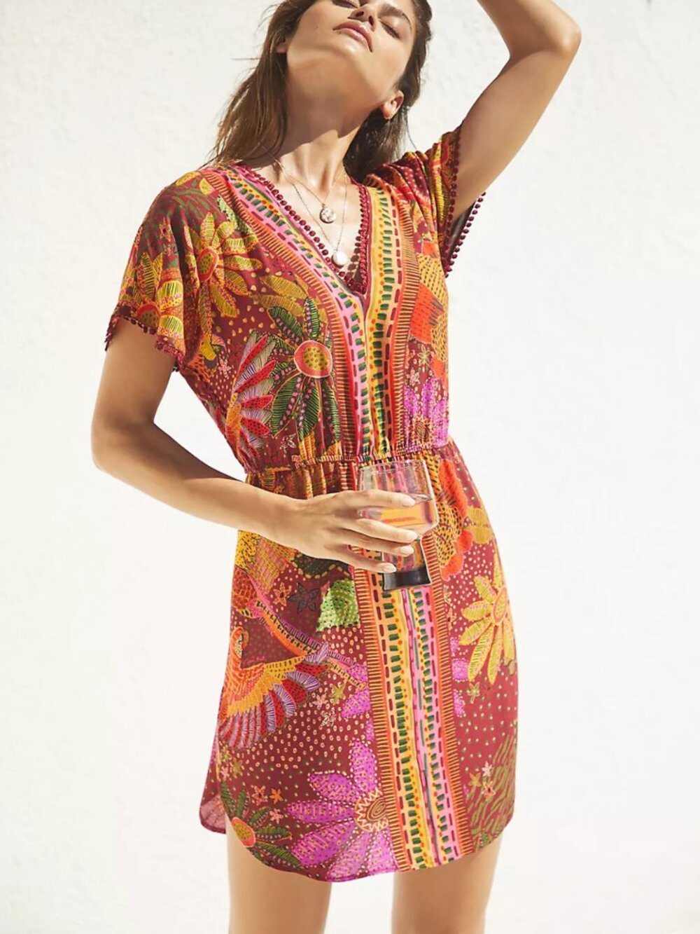 FARM Rio X Anthropologie Mini Dress Cover-Up Tropical Pink Orange V-Neck Size M